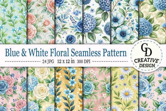 Download Blue &amp; White Floral Seamless Pattern - Premium Bundle